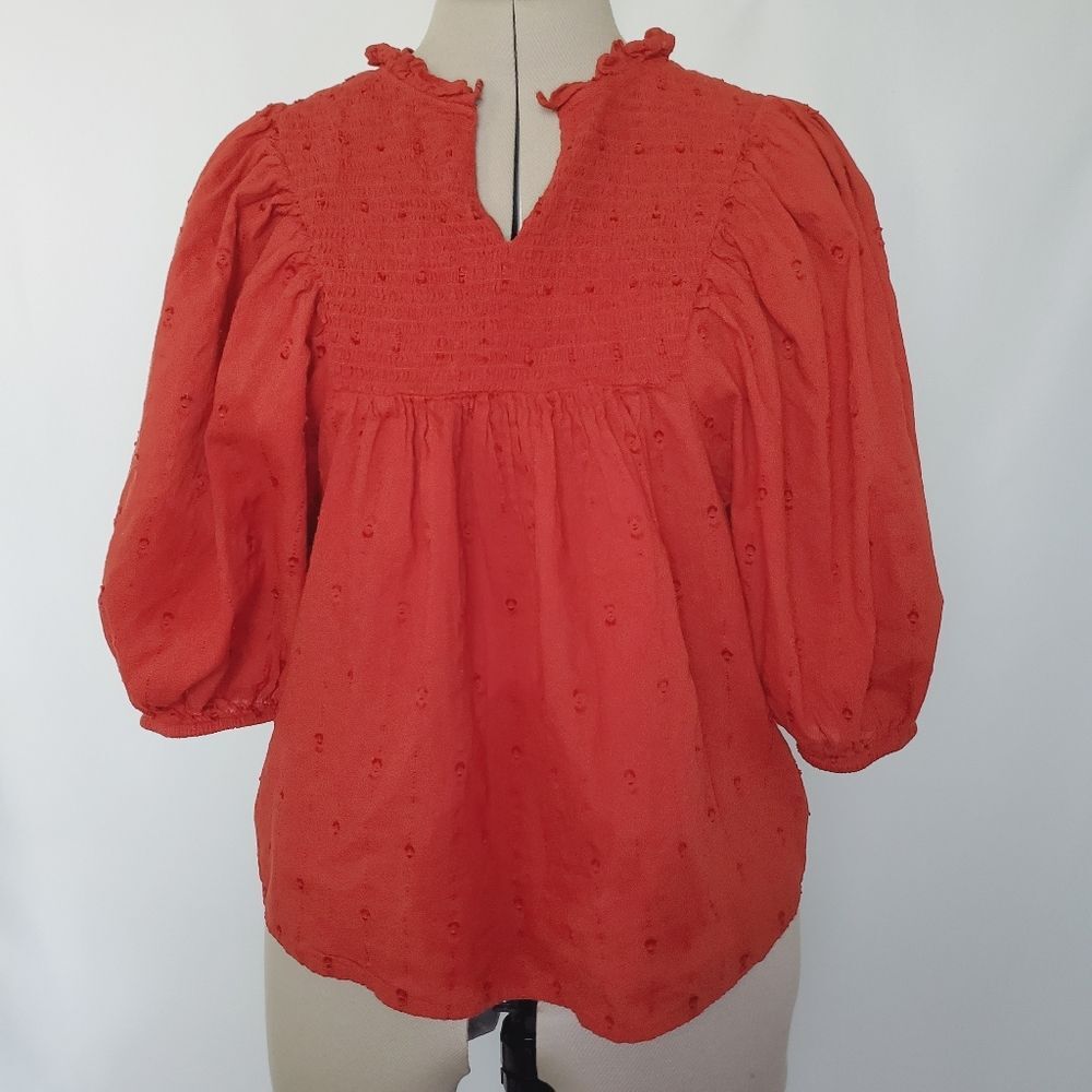 Universal Thread Women's Top XS Red Peasant Top 3/4 Puff Sleeve Blouse V Neck